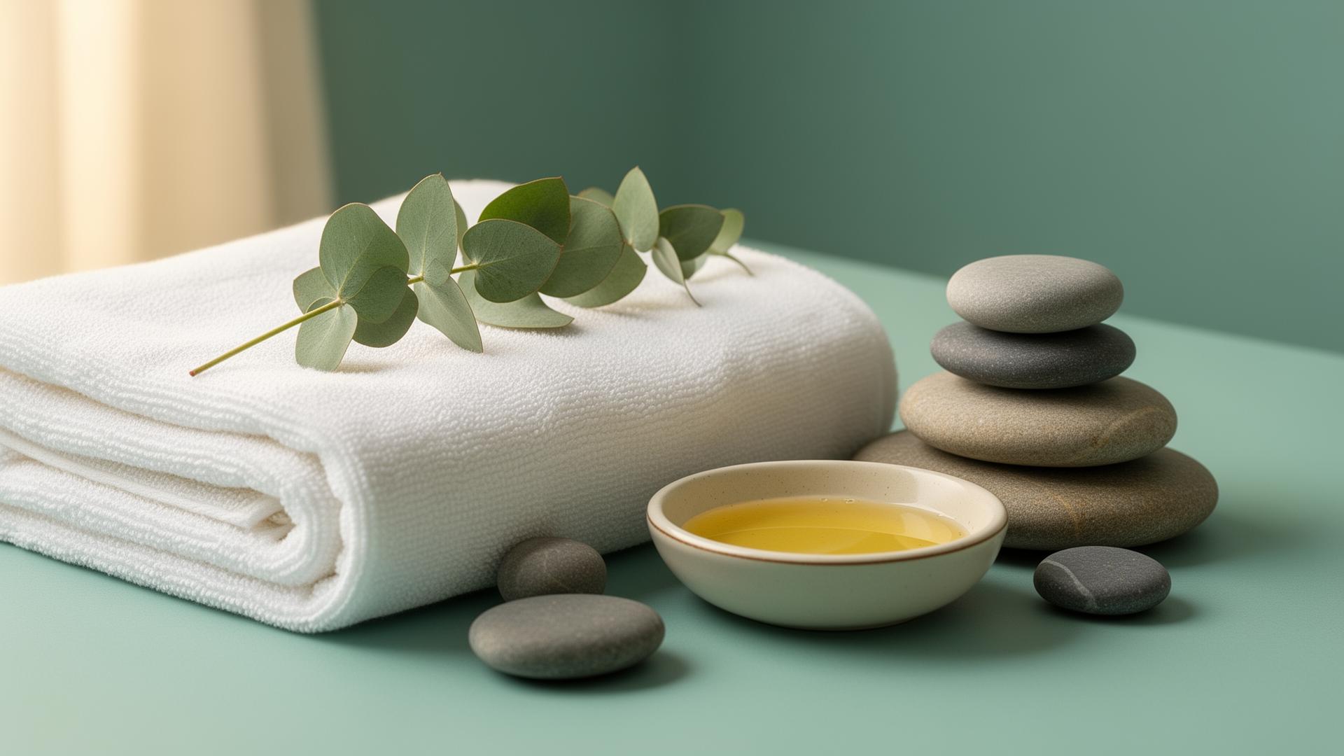 Calming spa setup with eucalyptus, stones, and oil